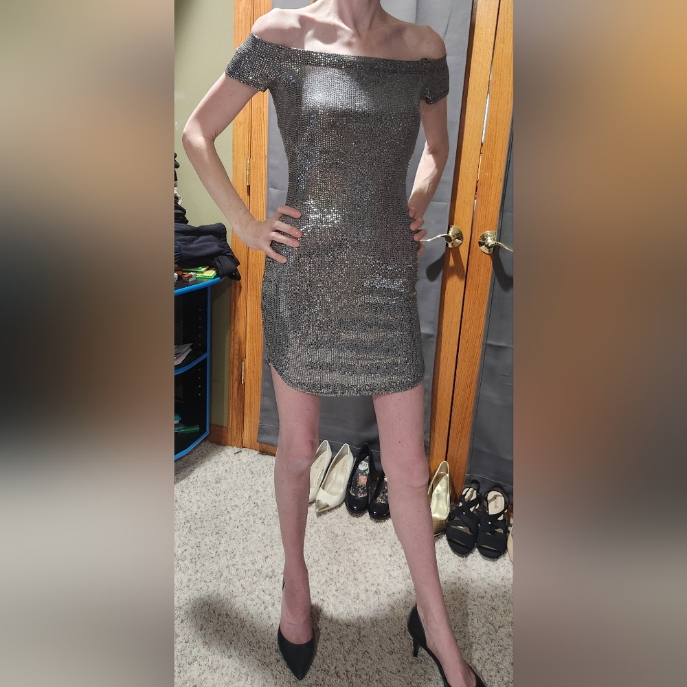 Guess Silver Sequin Off-Shoulder Mini Cocktail Dress